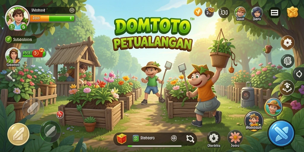 Screenshot utama DOMTOTO menunjukkan grafik menarik dan aktivitas berkebun.