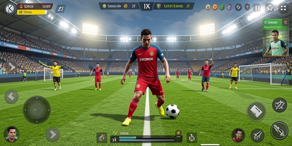 Tampilan gameplay yang dinamis di lapangan sepak bola.
