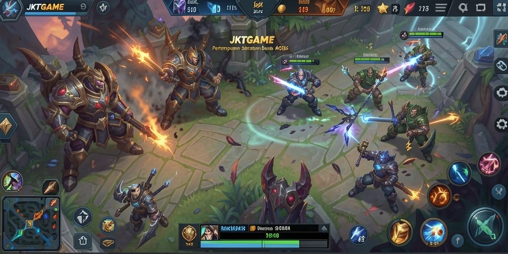 Screenshot utama JKTGAME menampilkan pertarungan seru di arena MOBA.