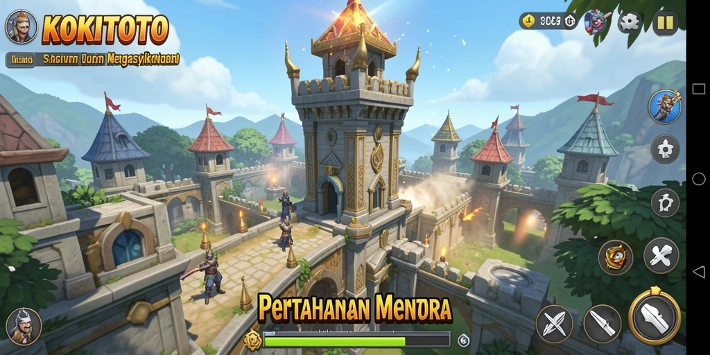 Tangkapan layar KOKITOTO menampilkan aksi menara melawan gelombang musuh.