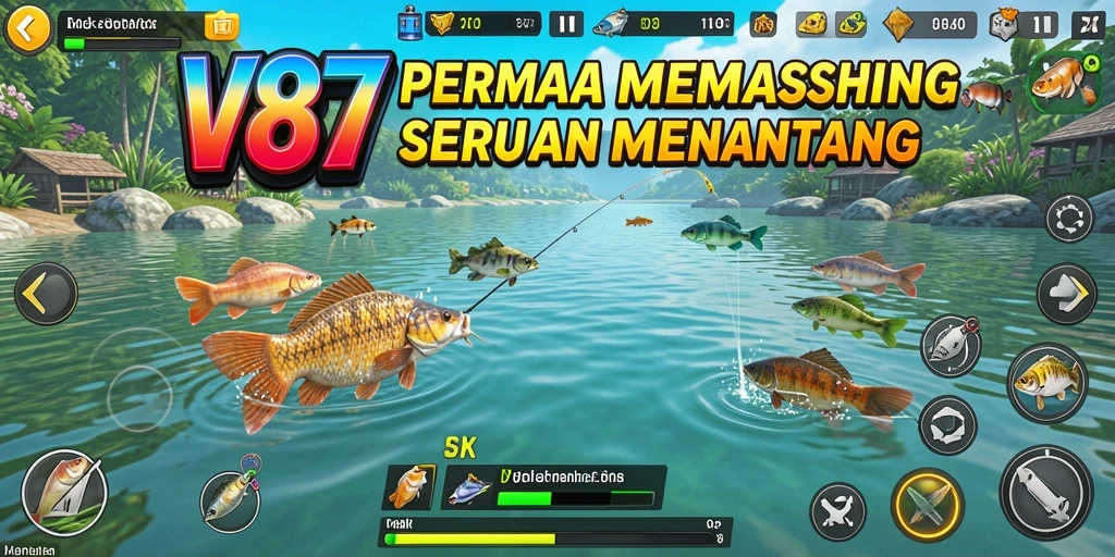 Screenshot V87 menampilkan gameplay memancing yang seru dan realistis.