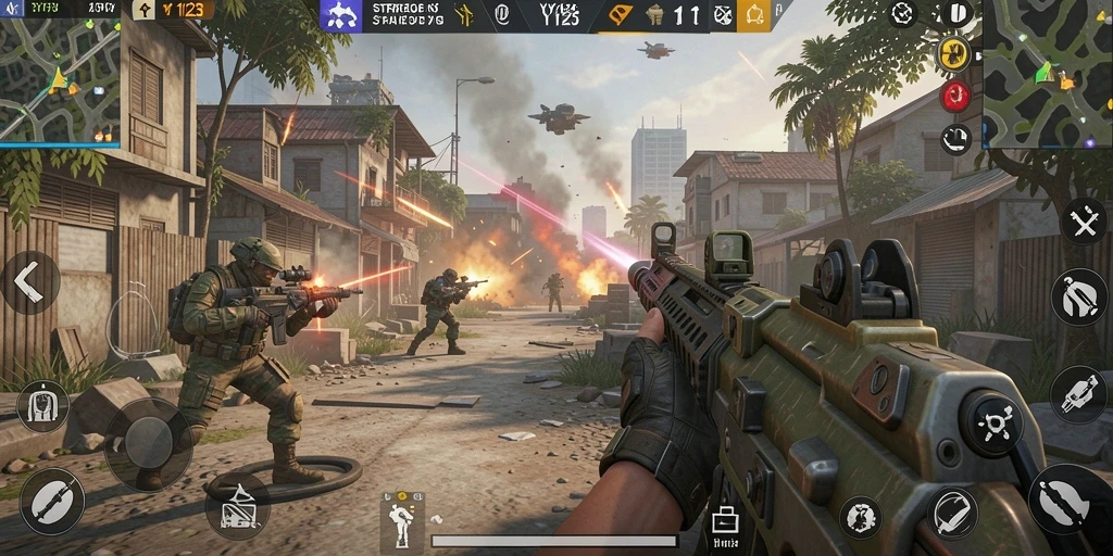 Screenshot YY123 menampilkan aksi tembak-menembak yang intens dalam setting medan perang.
